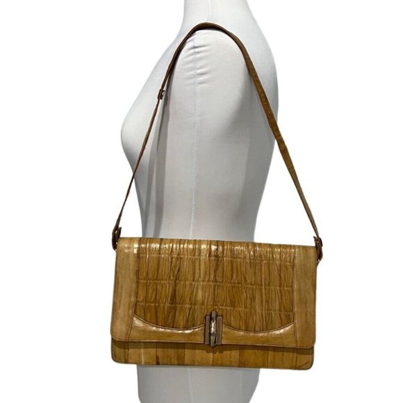 Vintage **TAN** Eel Skin CLUTCH w/DETACHABLE SHOULDER STRAP Purse - Picture 7 of 8
